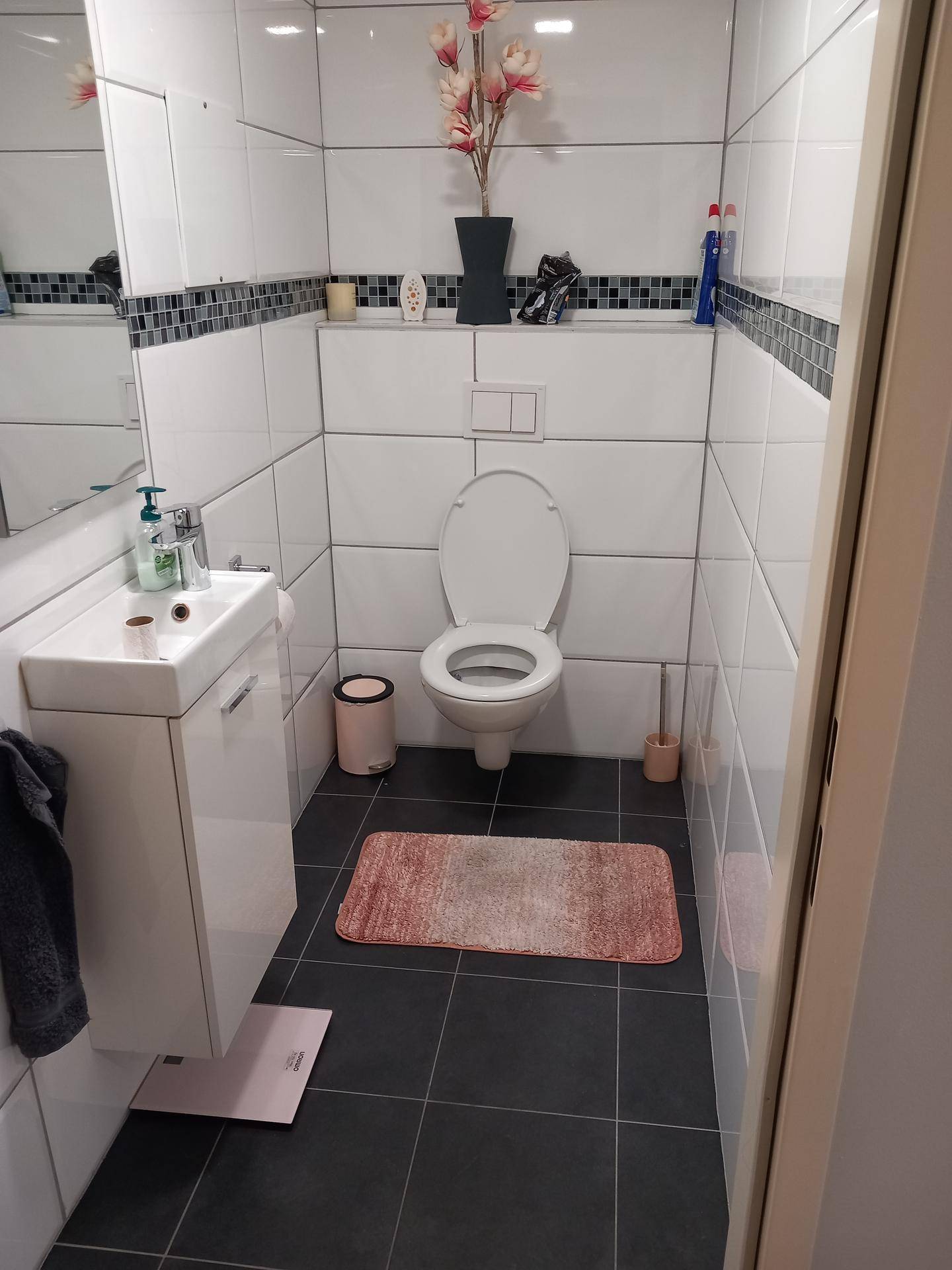 Kleines Gäste-WC mit dunklen Bodenfliesen, weißen Wandfliesen und einem schwebenden Waschbecken.