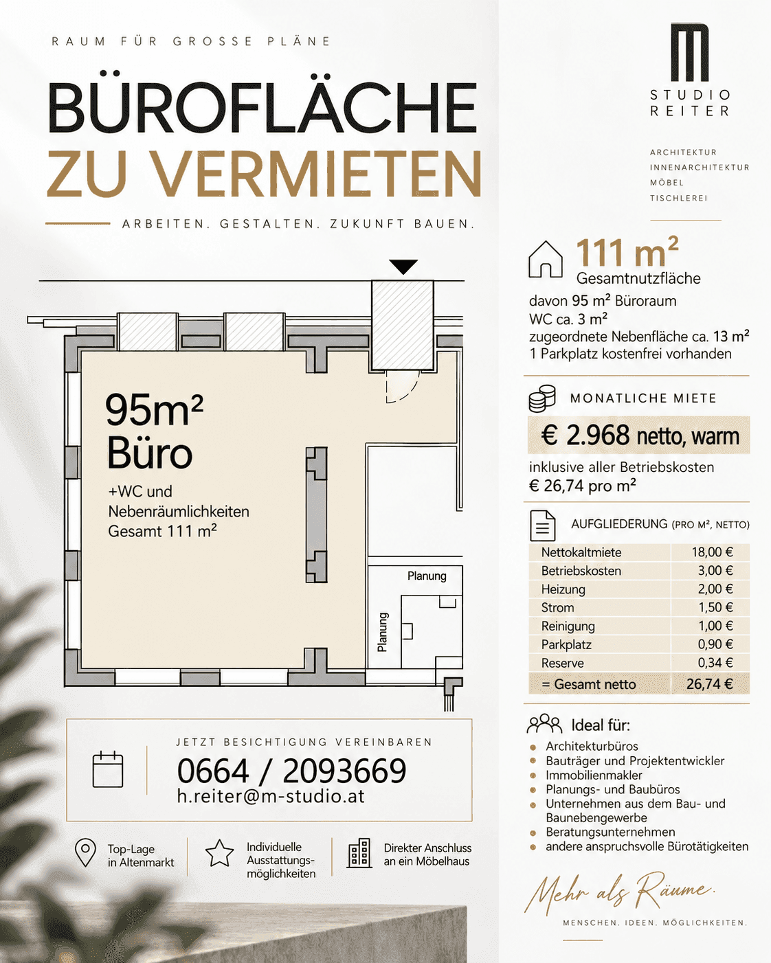 Detaillierter Grundriss einer 95m² großen Bürofläche mit WC und Nebenräumen, insgesamt 111m² Nutzfläche.
