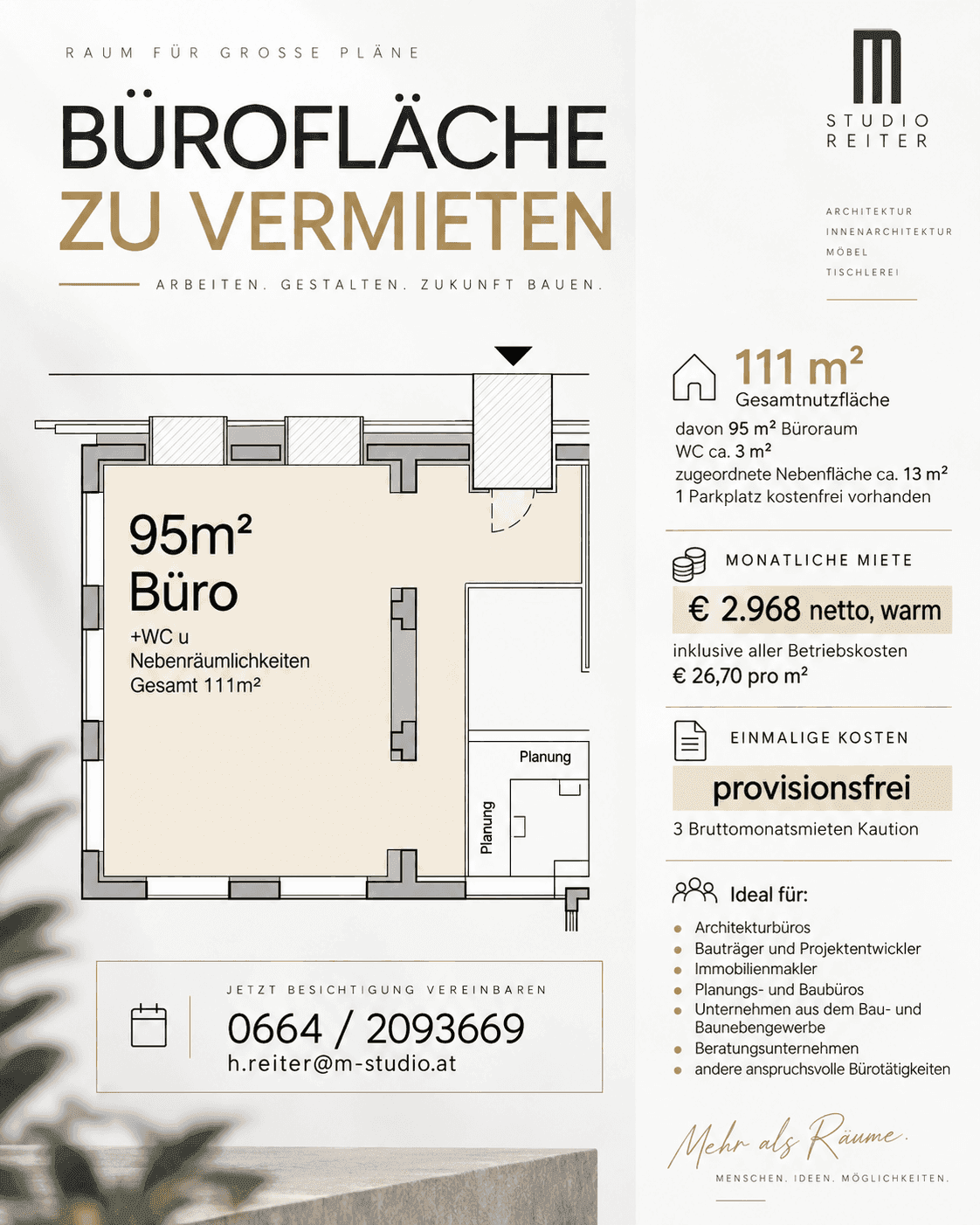 Grundriss einer Bürofläche von 95 m² mit separatem WC und großen Fenstern, ideal für verschiedene Geschäftszwecke.