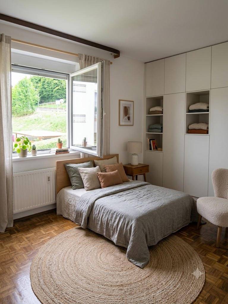 Gemütliches Schlafzimmer mit Holzboden, großem Fenster und integrierten weißen Einbauschränken.