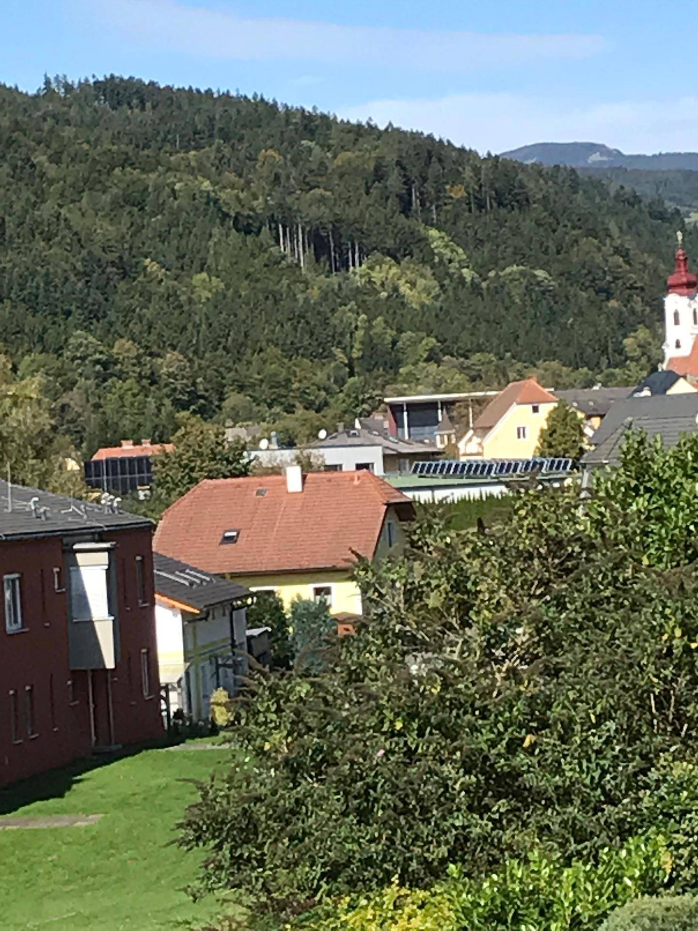 Blick auf eine bewaldete Hügellandschaft mit Häusern und einem Kirchturm in der Ferne.
