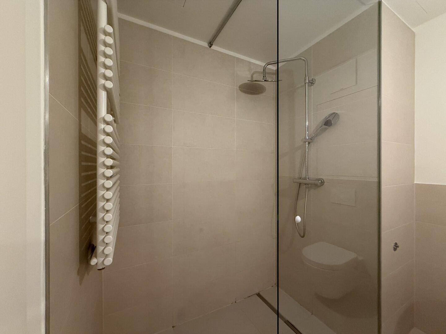 Moderne Dusche mit Glasabtrennung, Regenduschkopf und beheiztem Handtuchhalter.