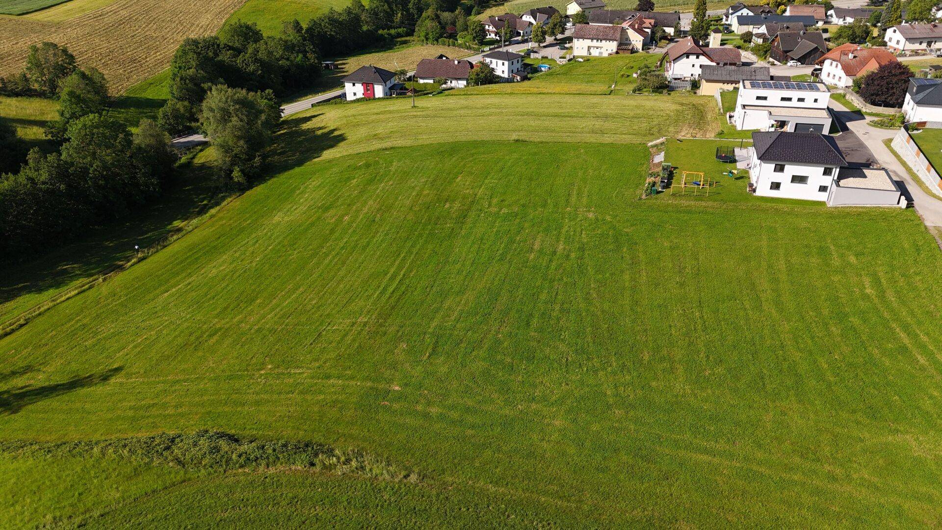 Übersicht über grüne Ackerflächen und eine kleine Siedlung mit modernen Häusern am Horizont.