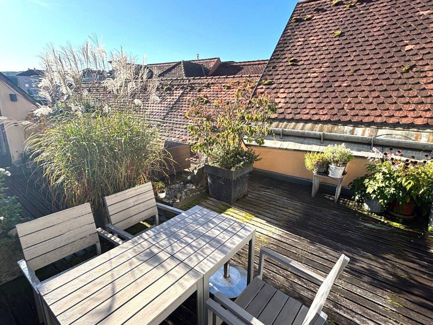 Geräumige Dachterrasse mit Holzboden, großen Pflanzenkübeln und viel Sonnenlicht.