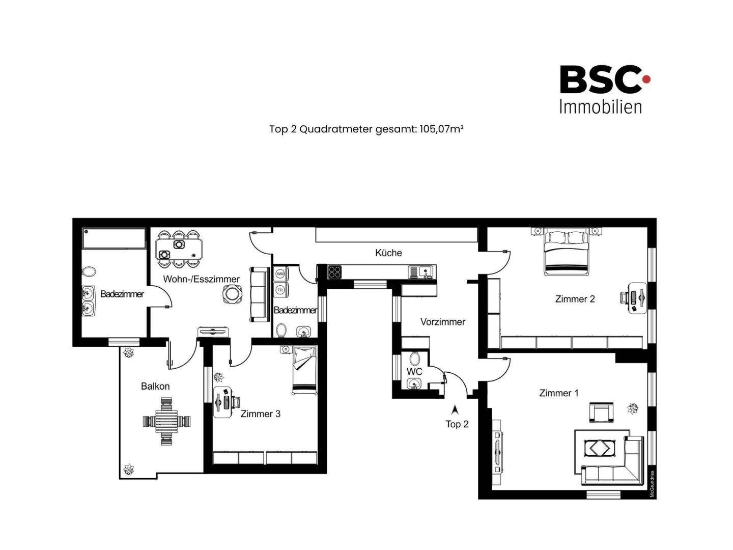 Grundriss für Top 2 mit drei Zimmern, zwei Bädern, Küche, Wohn-Esszimmer und Balkon.