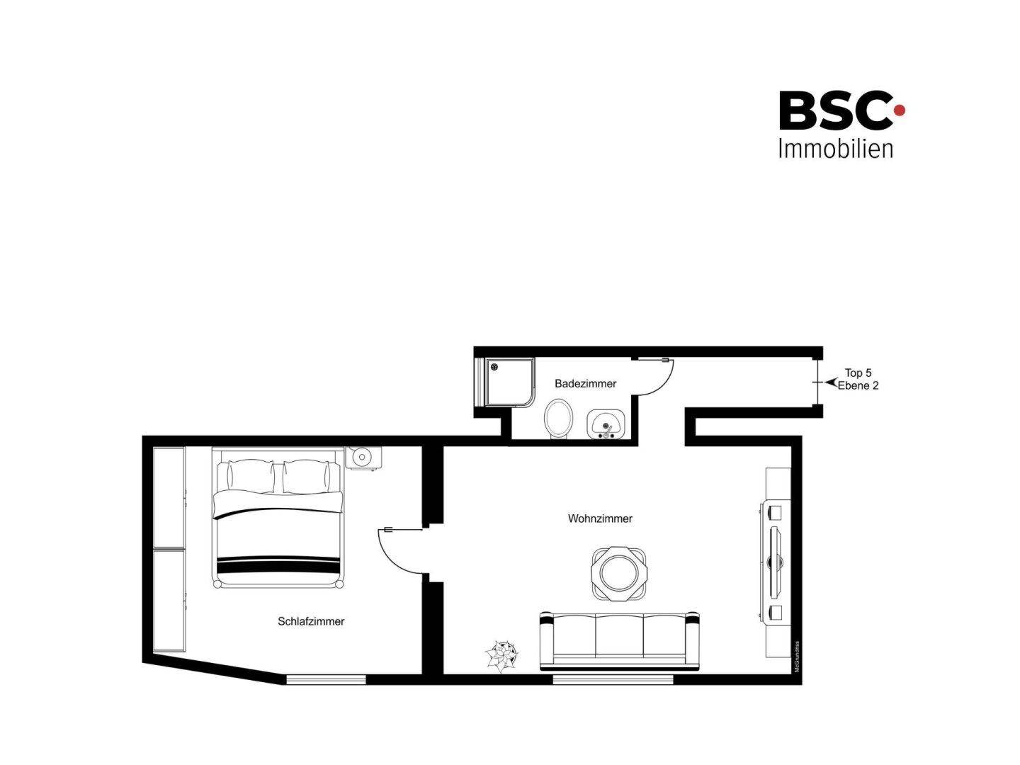 Grundriss für Top 5, Ebene 2, mit Schlafzimmer, Wohnzimmer und Badezimmer.