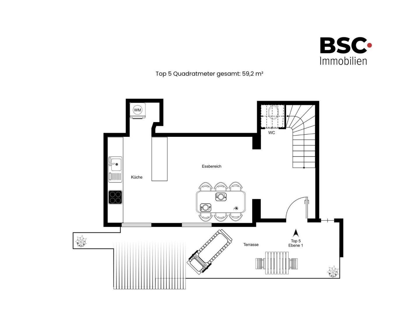 Grundriss für Top 5, Ebene 1, mit Küche, Essbereich, WC und Terrasse.