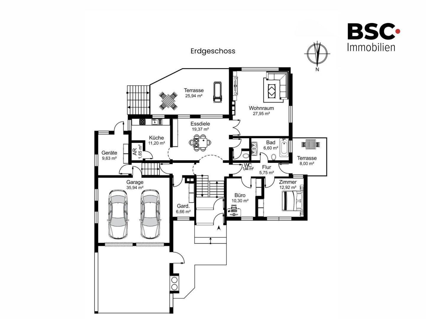 Grundriss des Erdgeschosses mit Wohnraum, Küche, Bad, Garage und zwei Terrassen.