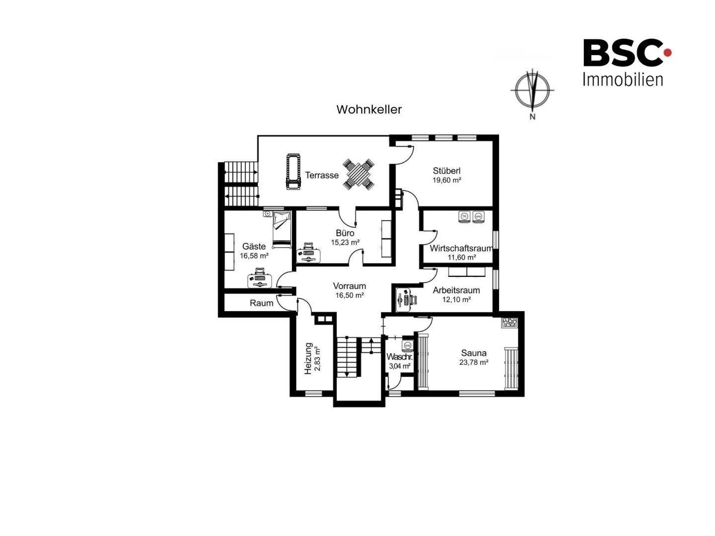 Grundriss des Wohnkellers mit Stüberl, Büro, Wirtschaftsraum, Sauna und Terrasse.