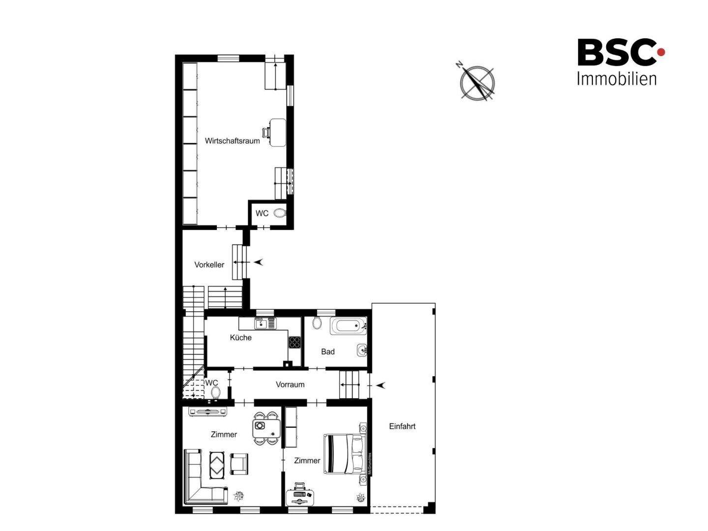 Detaillierter Grundriss mit mehreren Zimmern, Küche, Bad, WC und Wirtschaftsraum.