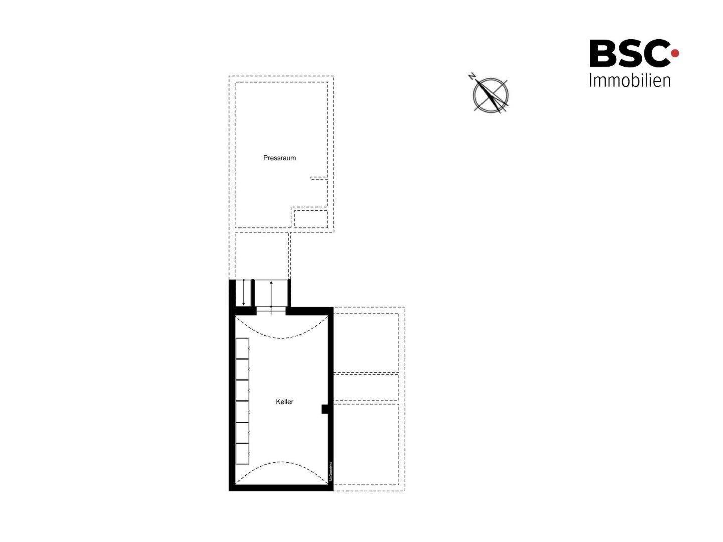 Grundriss des Untergeschosses mit Pressraum und großem Kellerbereich.