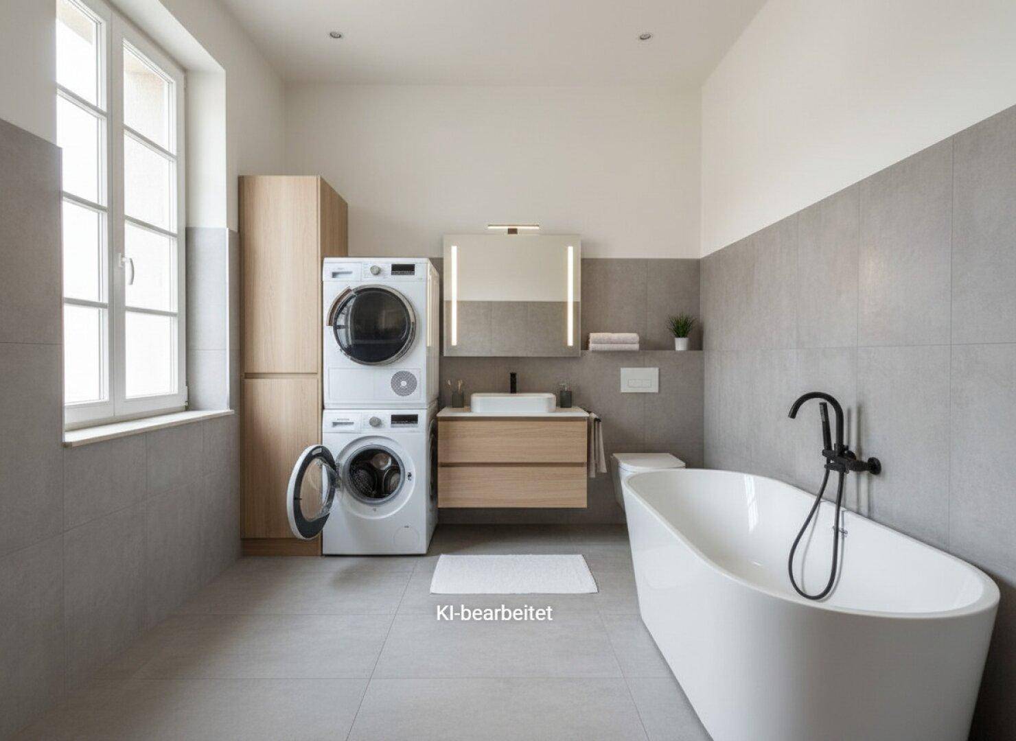 Modernes Badezimmer mit freistehender Badewanne, Waschmaschine und Trockner.