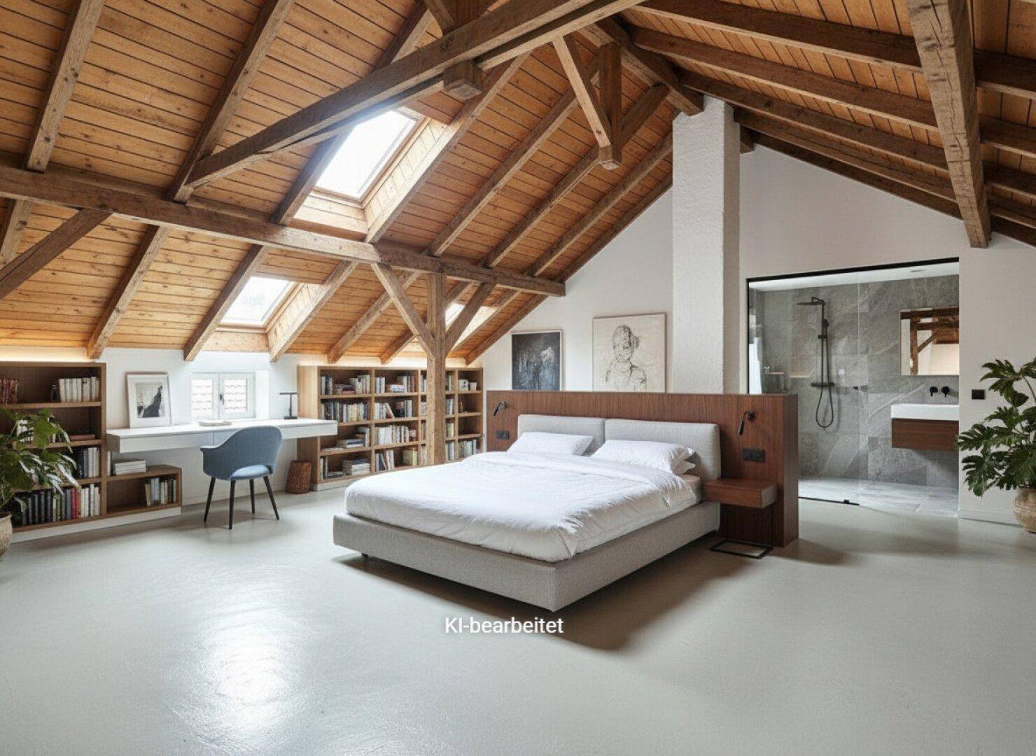 Modern ausgebautes Dachgeschoss mit Schlafbereich, Arbeitsplatz und offenem Bad.