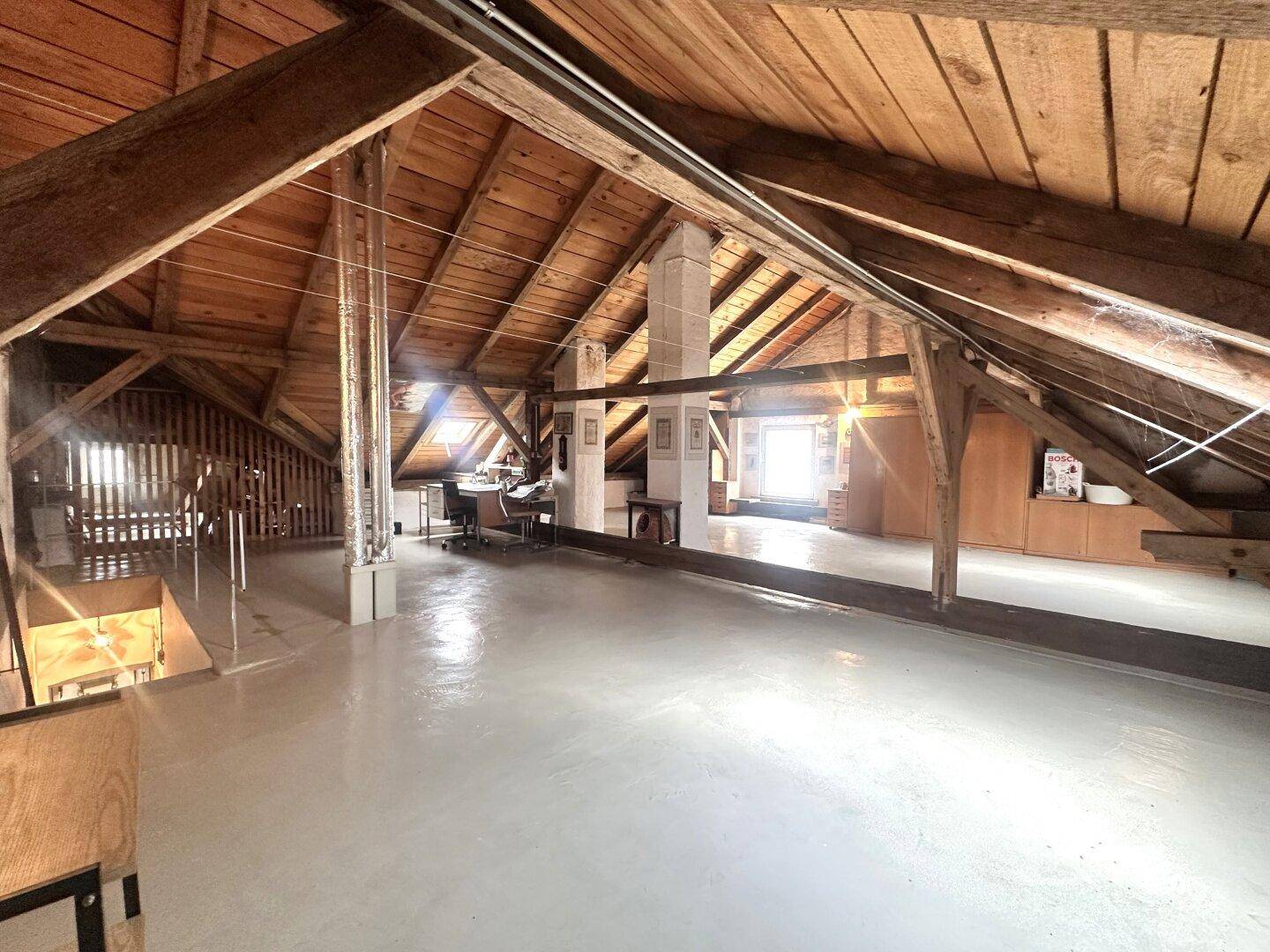 Großer Dachboden mit Holzdachstuhl, viel Tageslicht und weitem Blick.