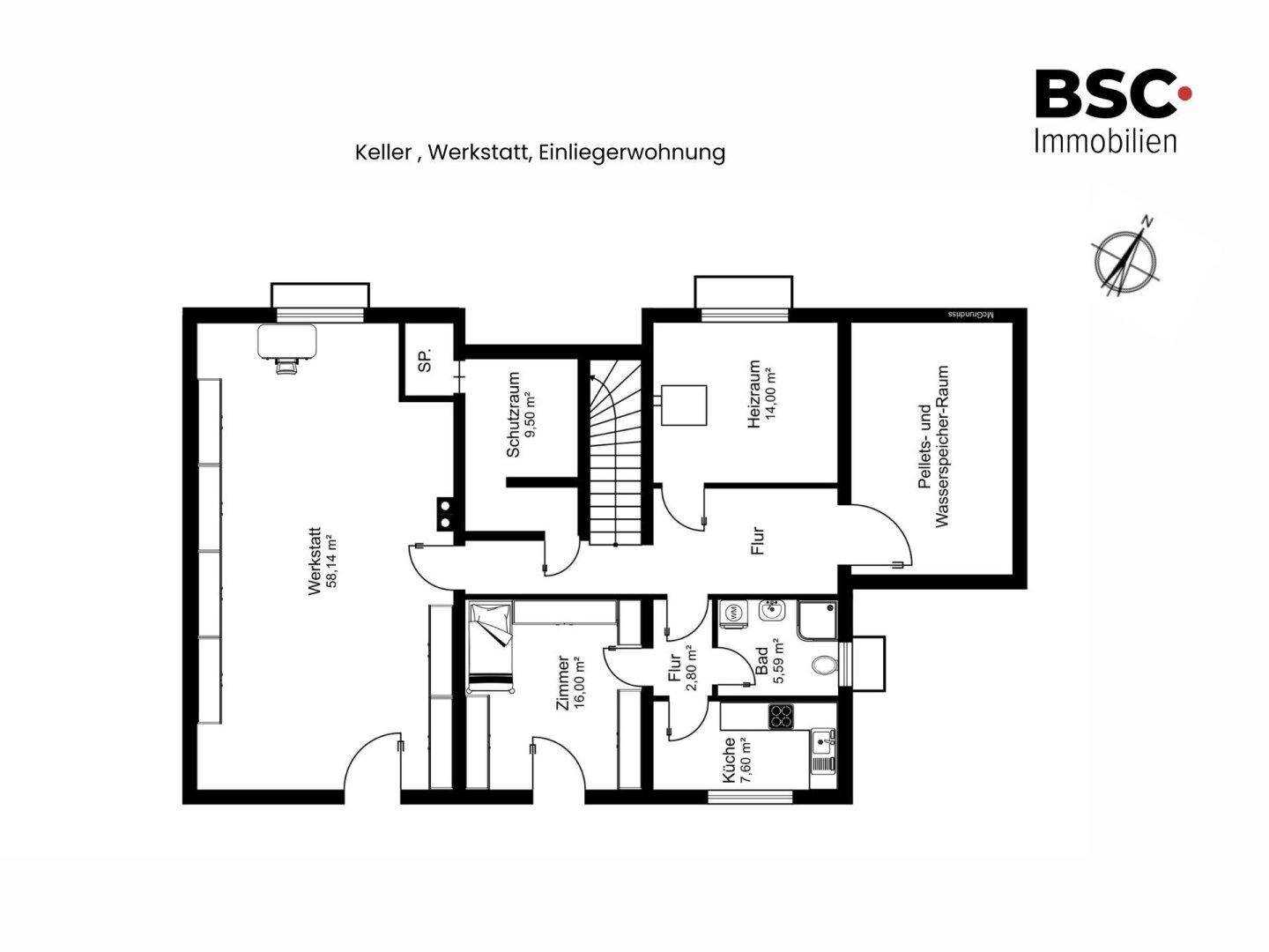 Grundriss des Kellers mit Werkstatt, Lagerräumen und einer Einliegerwohnung mit Küche und Bad.