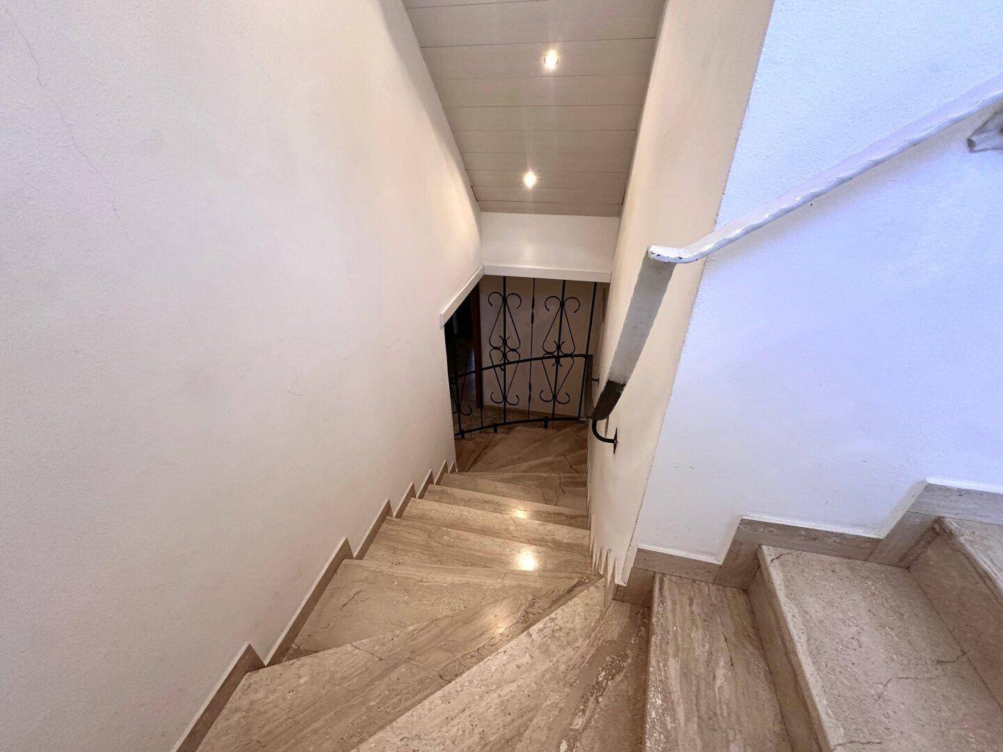 Marmortreppe mit schmiedeeisernem Geländer, die in den unteren Bereich des Hauses führt.