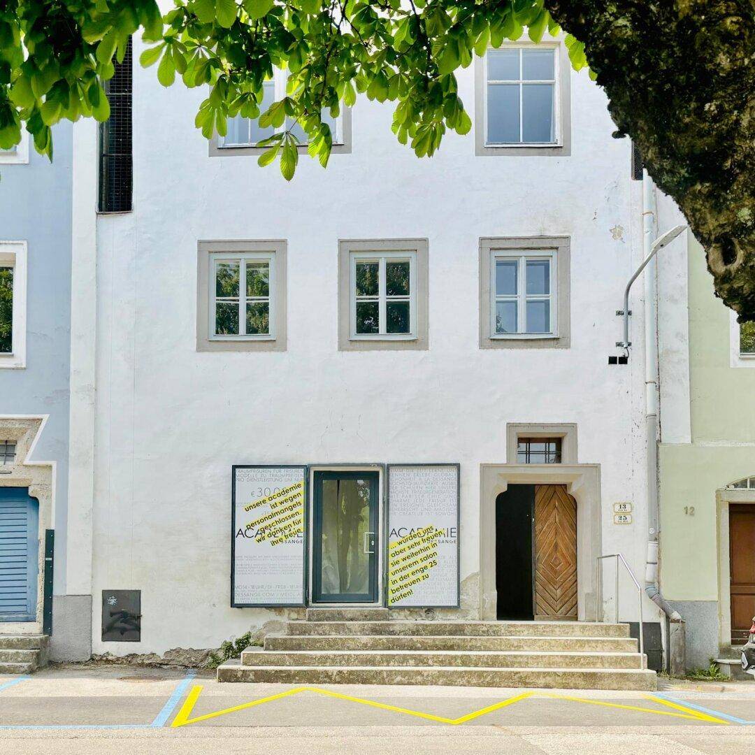 Weiße Gebäudefassade mit großen Fenstern und einem Eingang, teilweise von grünen Baumblättern verdeckt.
