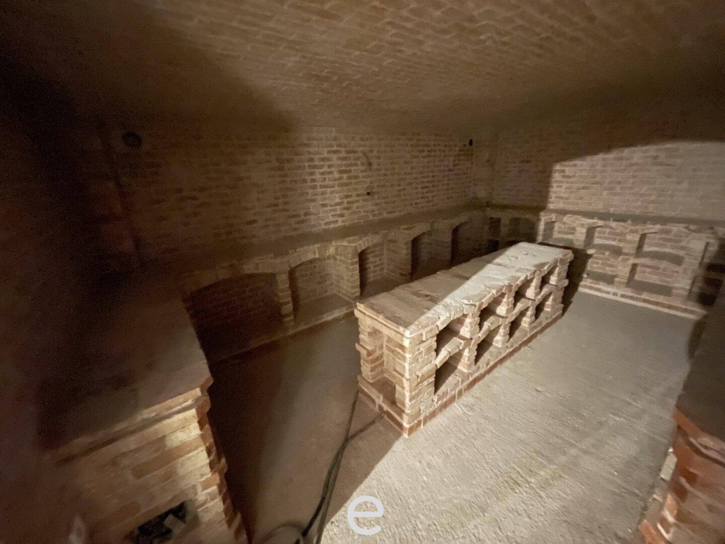 Historischer Weinkeller mit Ziegelgewölbe und integrierten Weinregalen.