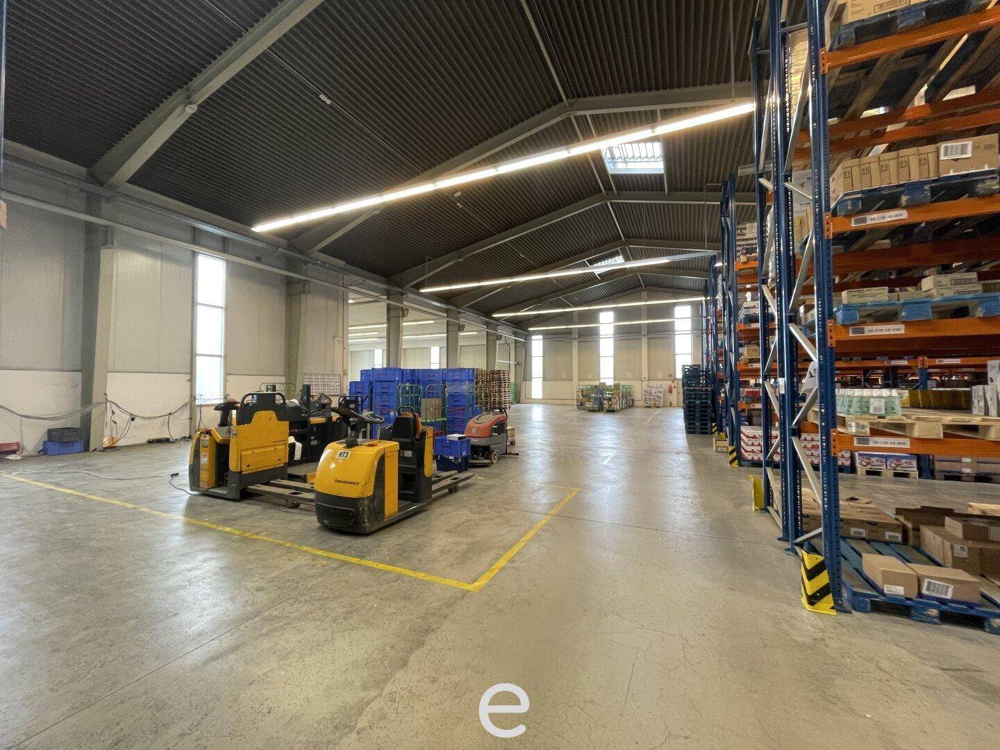 Weitläufige Lagerhalle mit hohen Decken, Betonboden, Regalen und Gabelstaplern für den Warenverkehr.