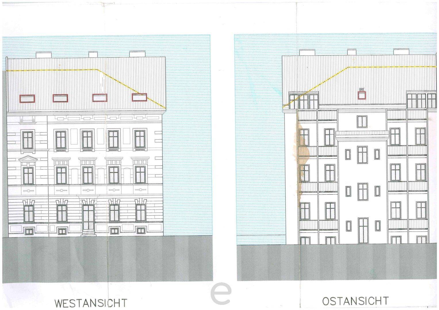 Ansichten der West- und Ostfassade des Gebäudes mit Fenstern und Dach.
