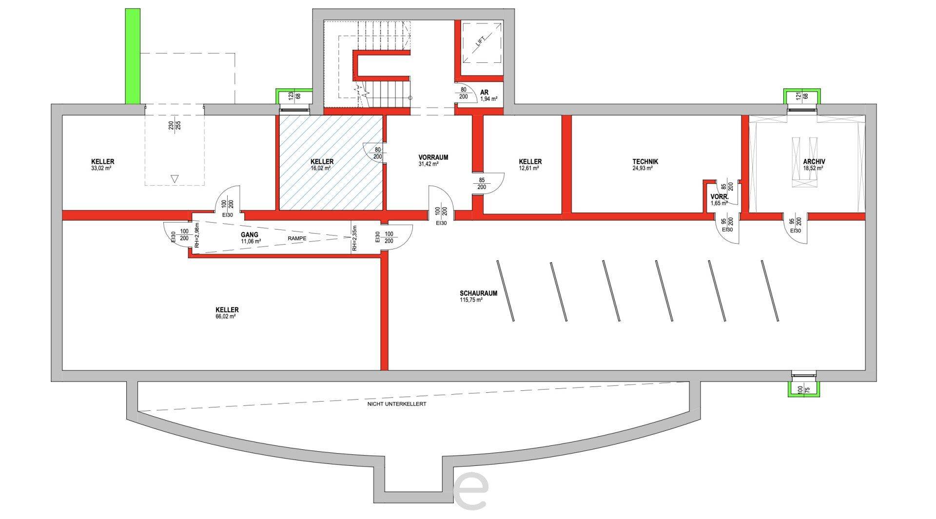 Grundriss des Untergeschosses mit mehreren Kellerräumen, einem Gang und einem großen Schauraum.