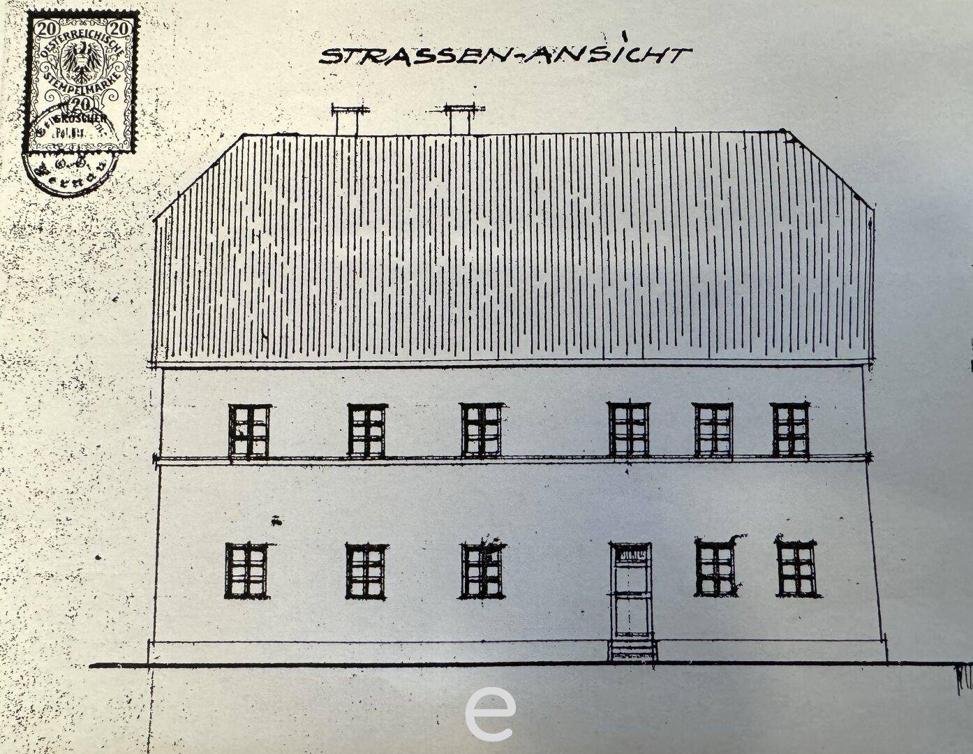 Handgezeichnete Straßenansicht des Gebäudes mit Fenstern und Eingangstür.