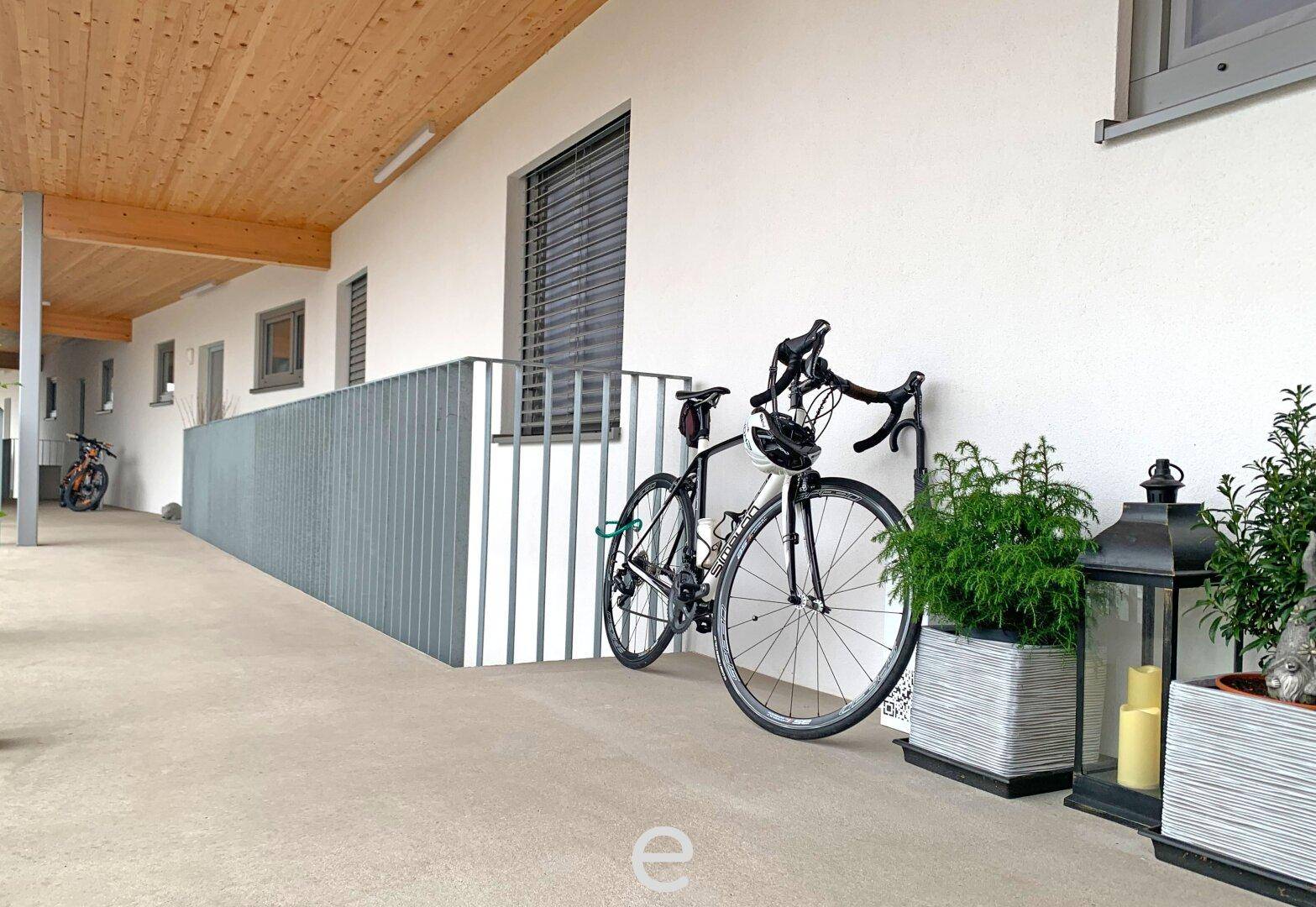Außenflur mit Fahrrad, Pflanzen und Laterne, gekennzeichnet durch weiße Wände und Holzdecke.
