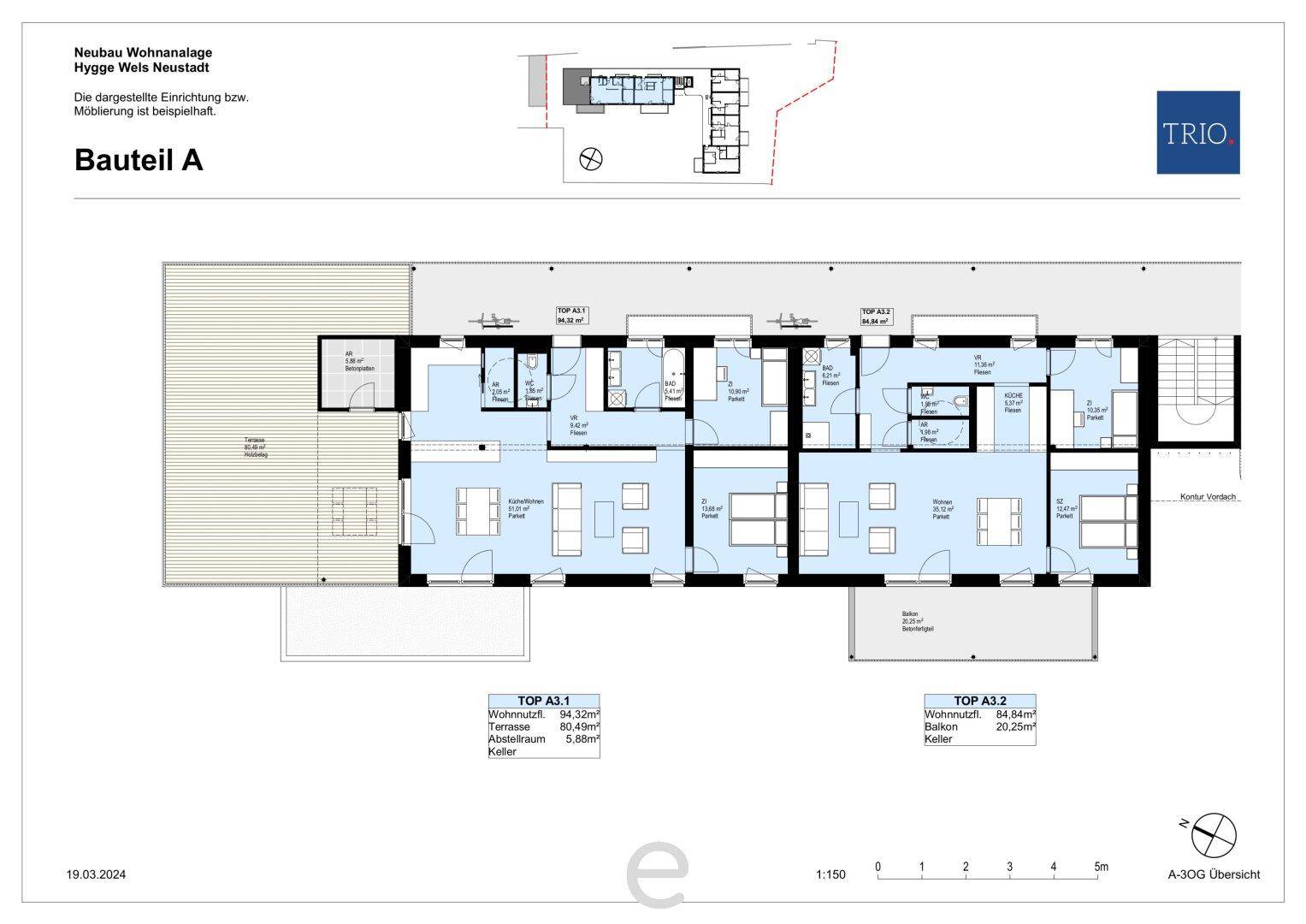 Detaillierter Grundriss von Bauteil A mit mehreren Wohneinheiten und Außenbereichen.