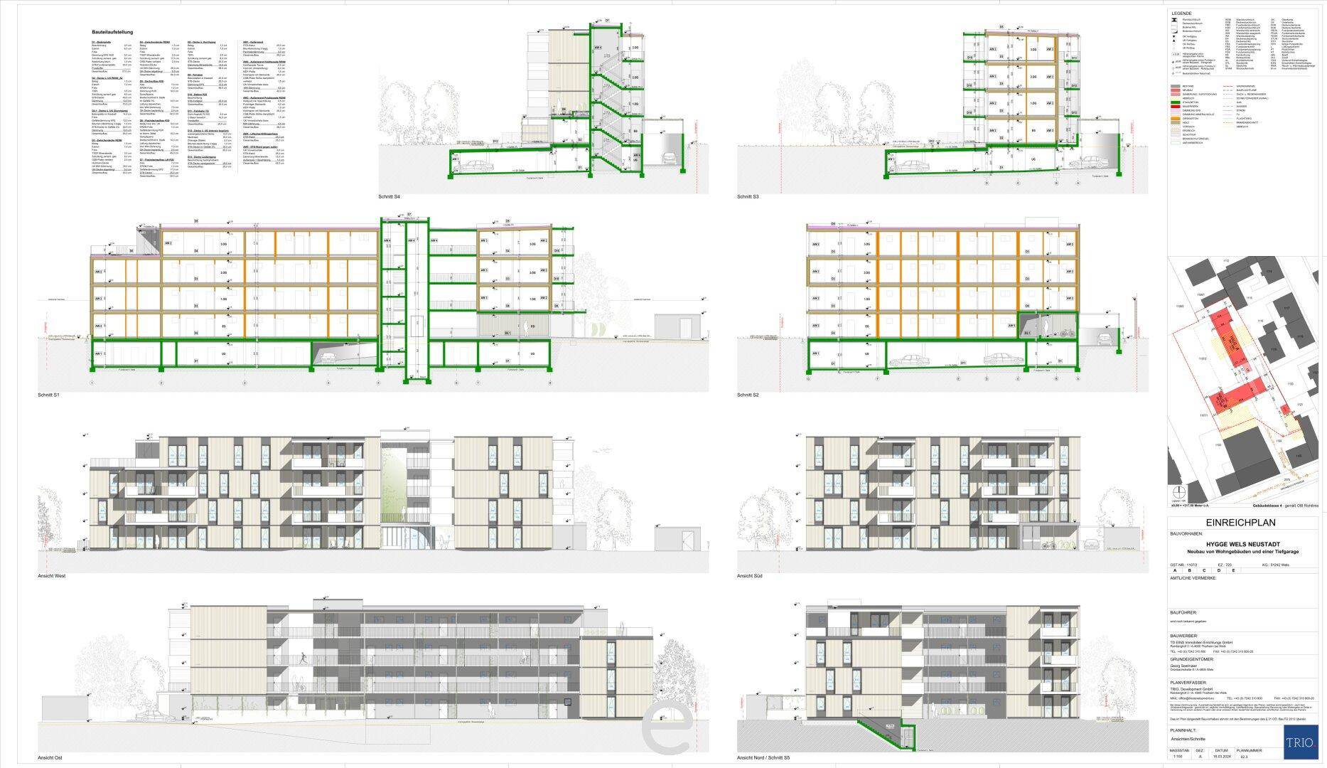 Architektonische Zeichnungen mit Ansichten und Schnitten der Wohngebäude und ihrer Struktur.