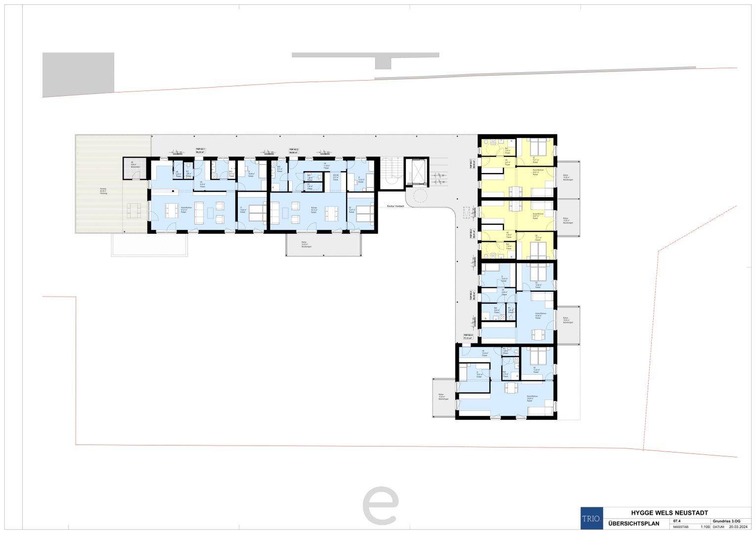 Übersichtsplan der gesamten Wohnanlage mit verschiedenen Gebäudeteilen und Grundrissen.