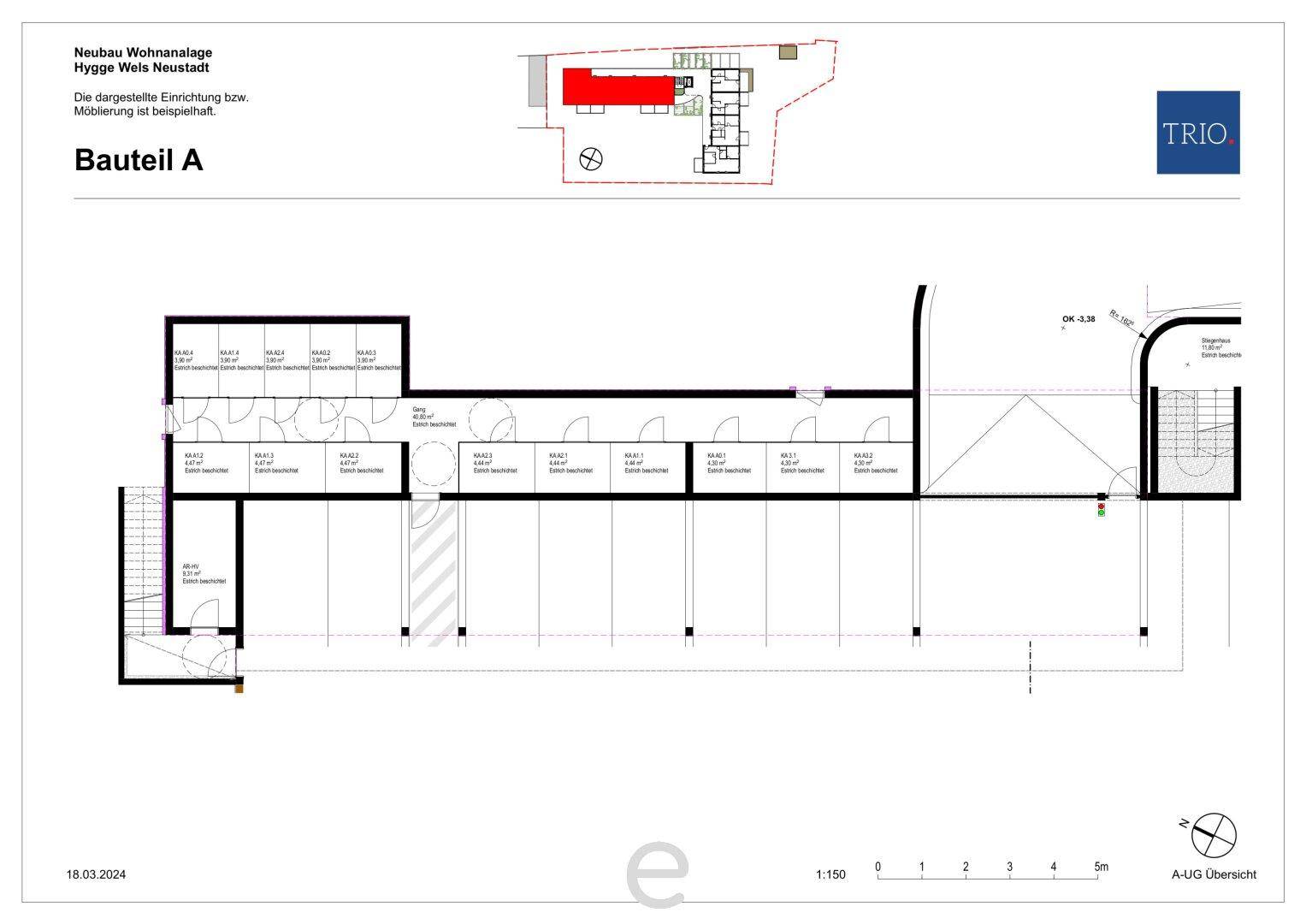 Detaillierter Plan der Tiefgarage von Bauteil A mit einzelnen Stellplätzen und Zufahrten.