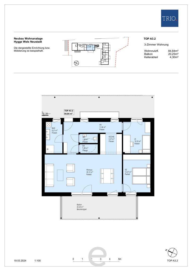 Grundriss einer 3-Zimmer-Wohnung mit offenem Wohnbereich, Balkon und separatem WC.
