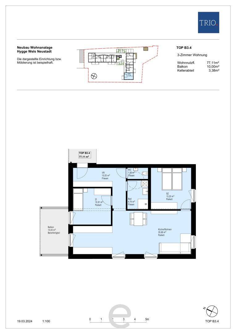 Grundriss der 3-Zimmer-Wohnung TOP B3.4 mit Balkon und offenem Wohnbereich.