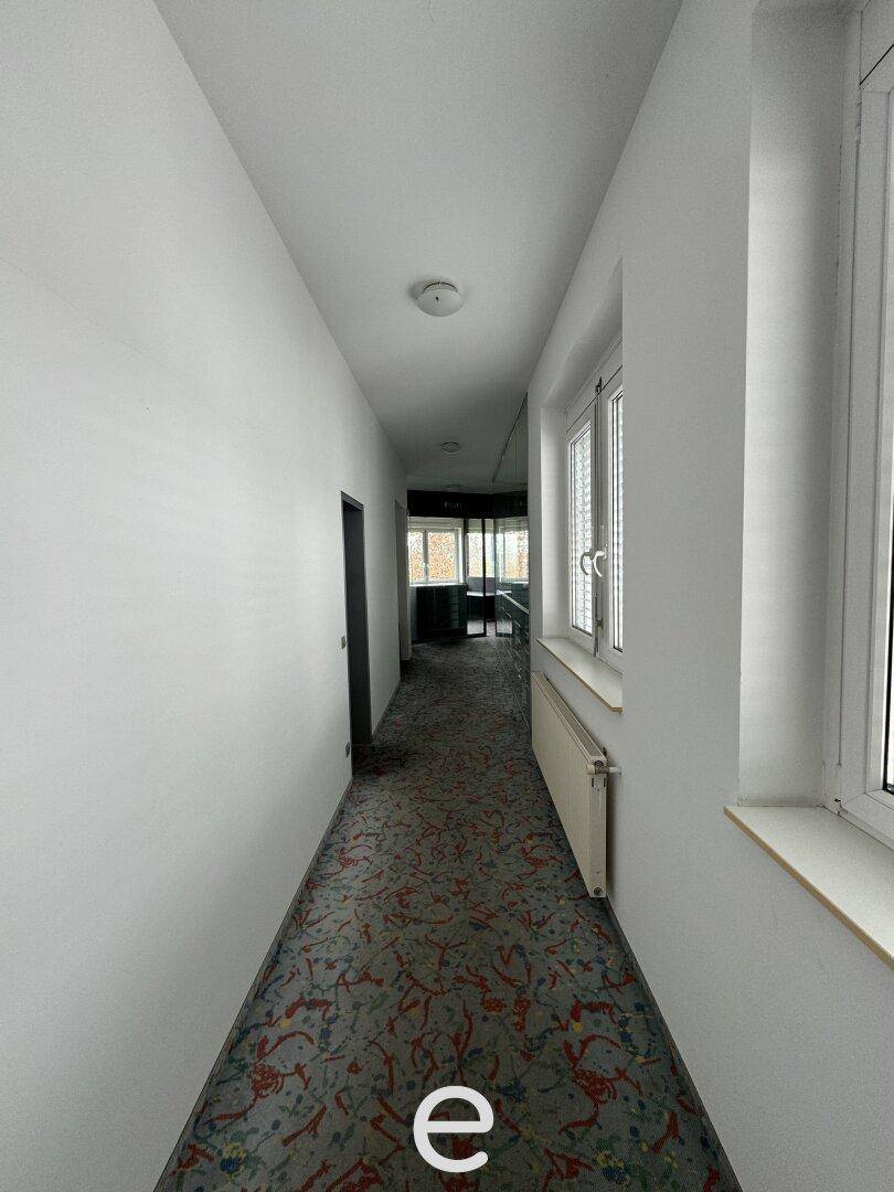 Langer Flur mit Teppichboden, weißen Wänden und Fenstern mit Blick nach draußen.