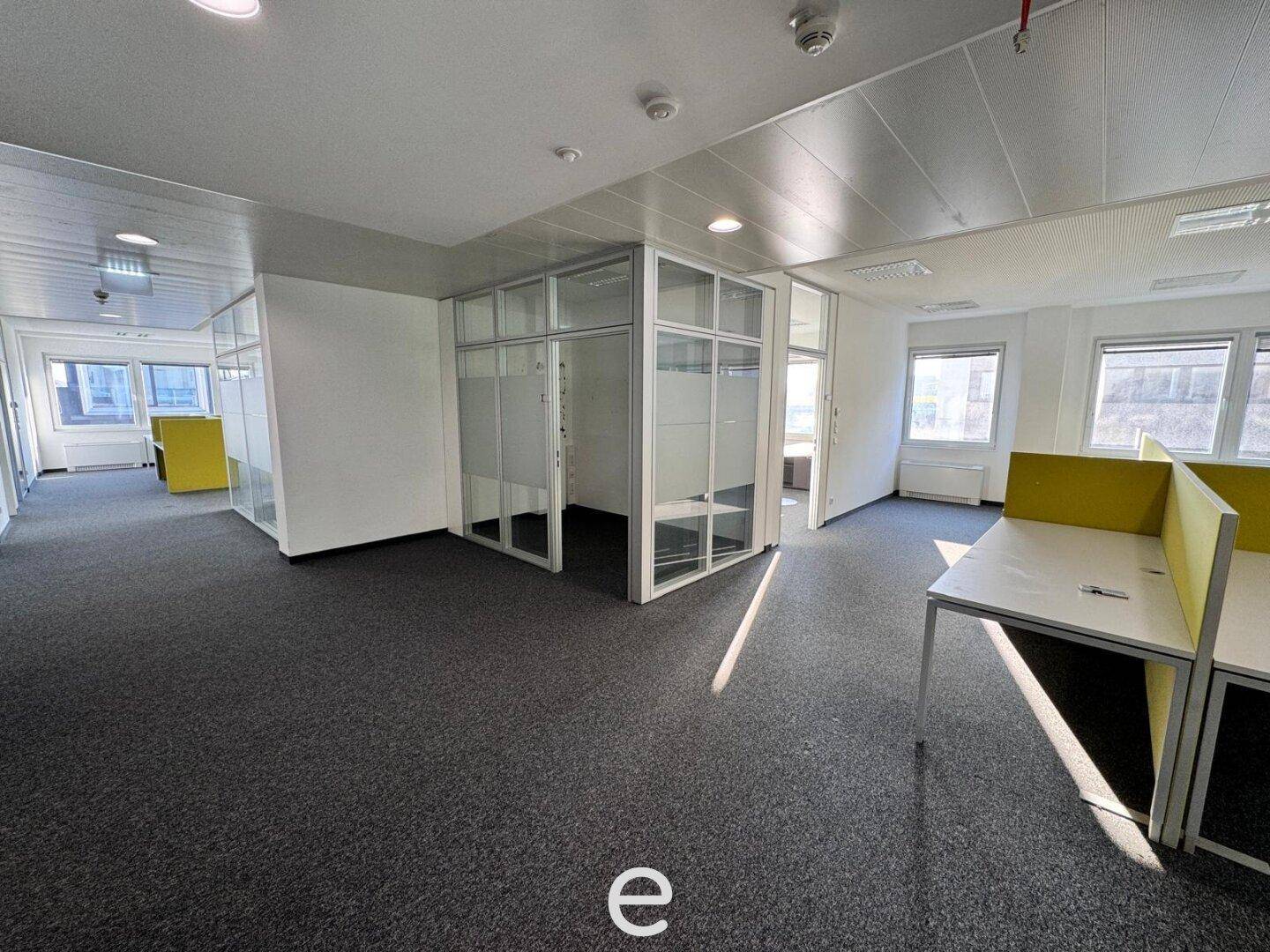 Großzügiger Bürobereich mit flexiblen Arbeitsplätzen und abgetrennten Glasbüros, ausgestattet mit Teppichboden und viel natürlichem Licht.
