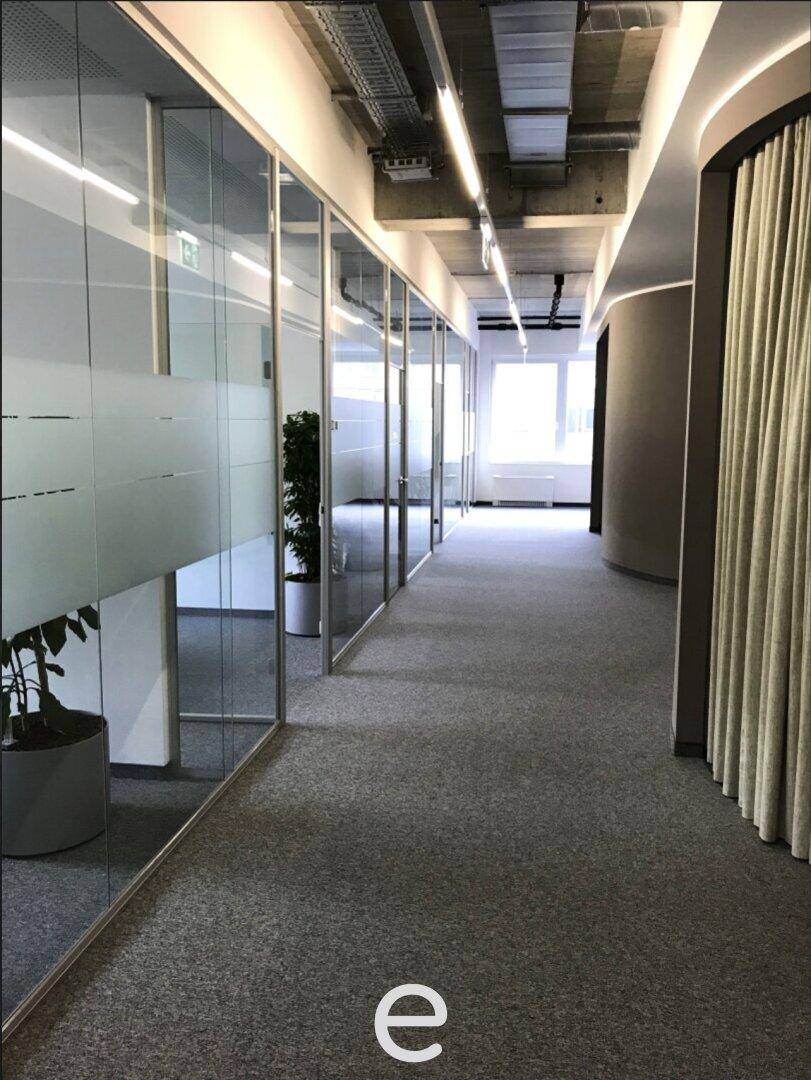 Langer Bürogang mit Glaswänden zu den Büros, Teppichboden und sichtbaren Deckeninstallationen, modern und funktional gestaltet.