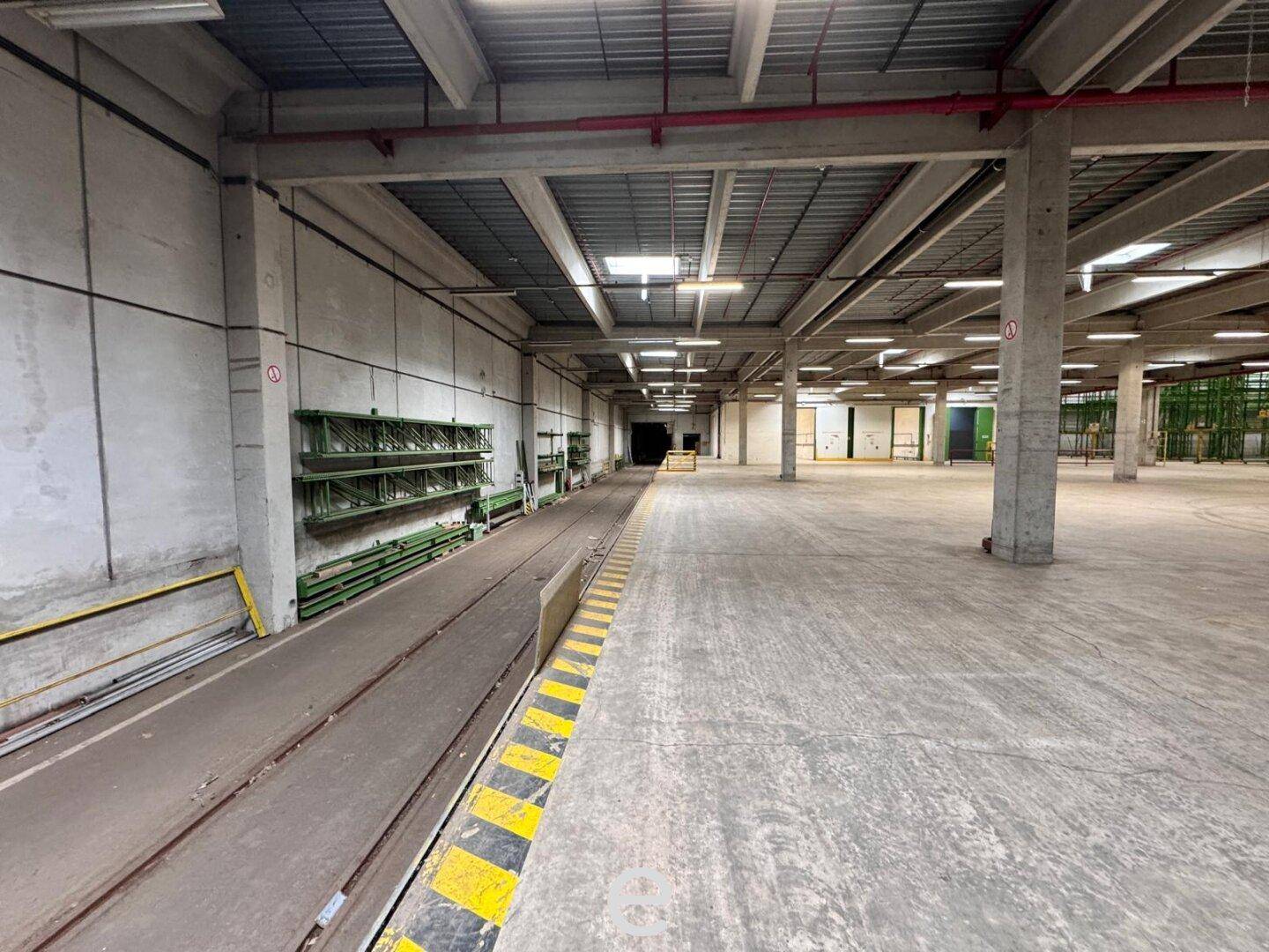 Geräumige Lagerfläche mit Betonboden und sichtbaren Deckenbalken, bereit für industrielle Nutzung.