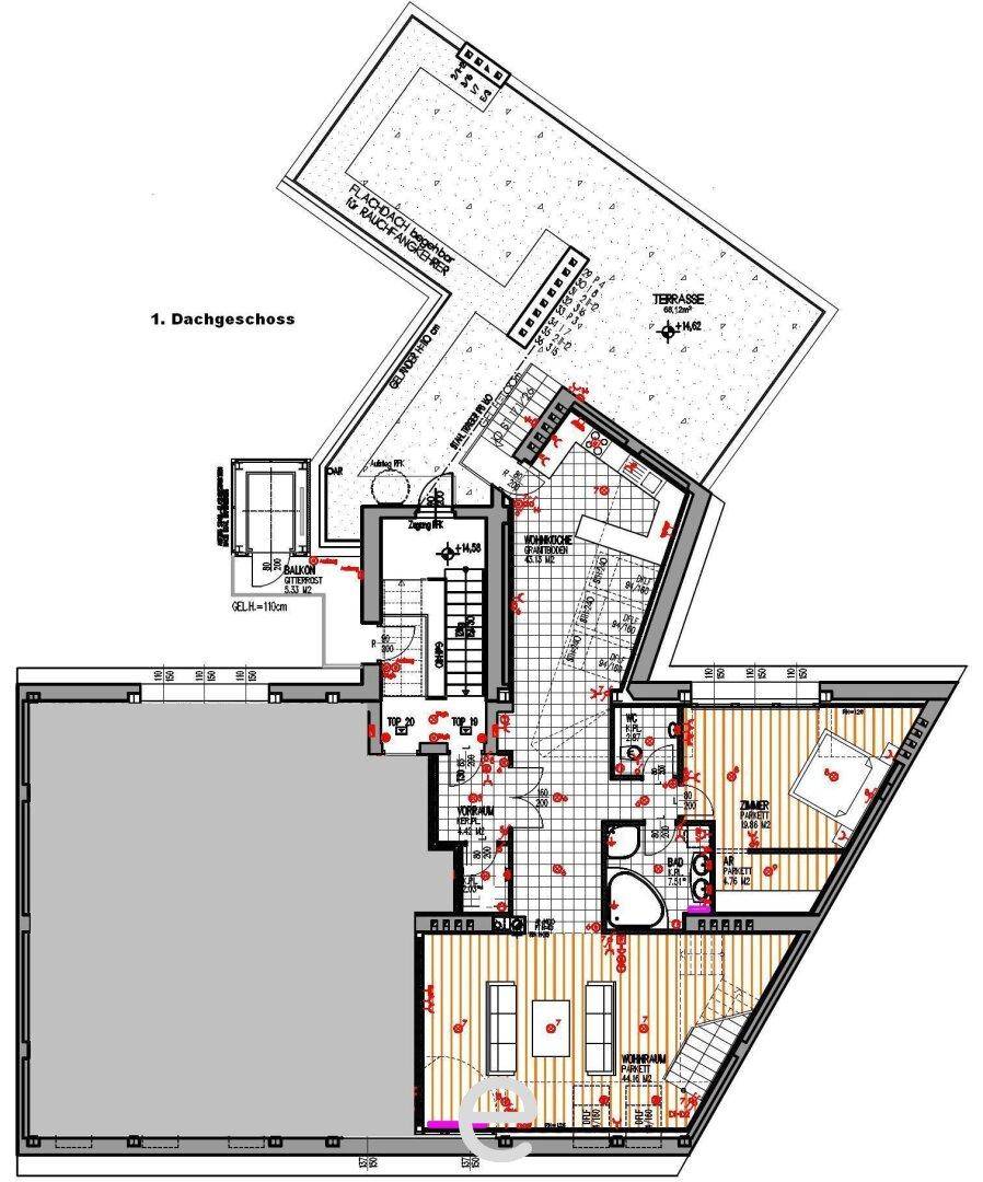 Grundriss des ersten Dachgeschosses mit Terrasse und verschiedenen Räumen, übersichtlich dargestellt.