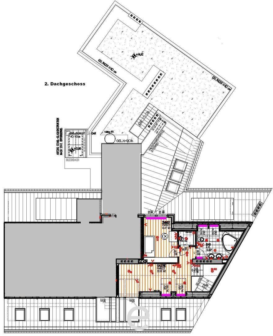 Grundriss des zweiten Dachgeschosses mit Galerie und weiteren Zimmern, detailliert und funktional.