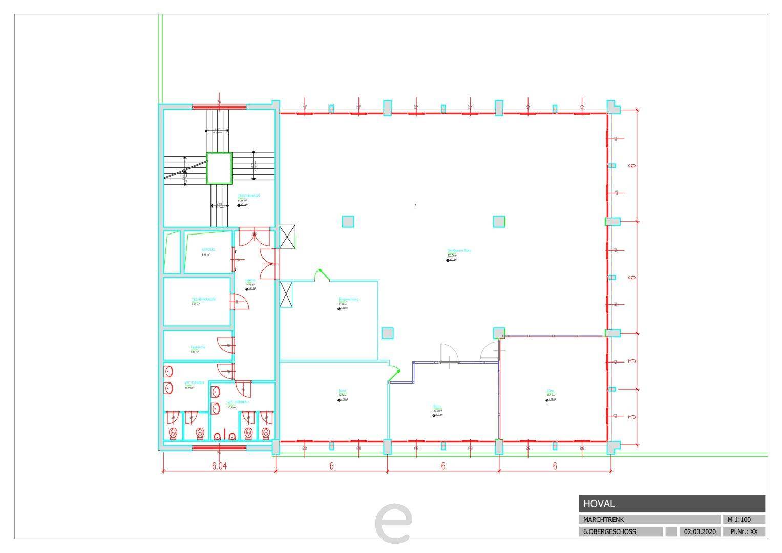 Grundrissplan eines Obergeschosses mit flexiblen Büroräumen, Sanitäranlagen und Treppenhauszugang.