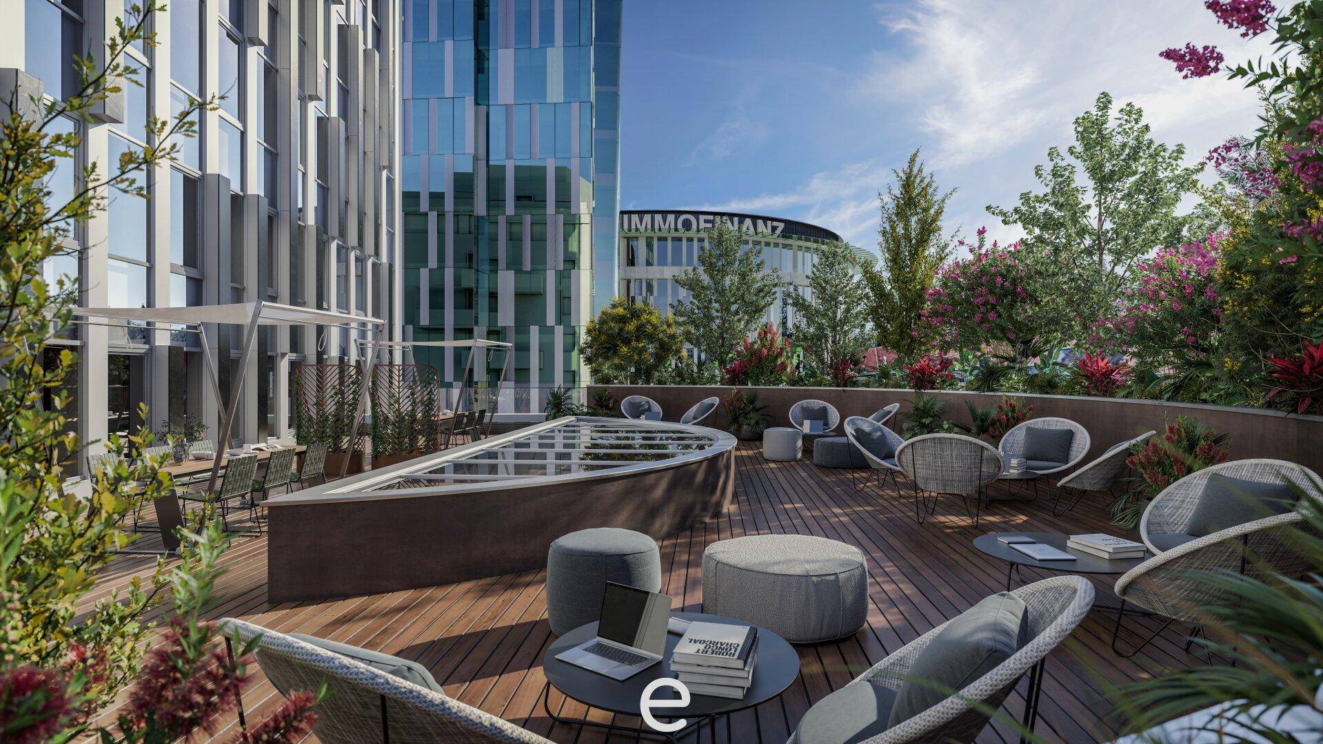 Dachterrasse mit Holzboden, Sitzgelegenheiten und üppiger Bepflanzung mit Stadtblick, ideal zum Entspannen.