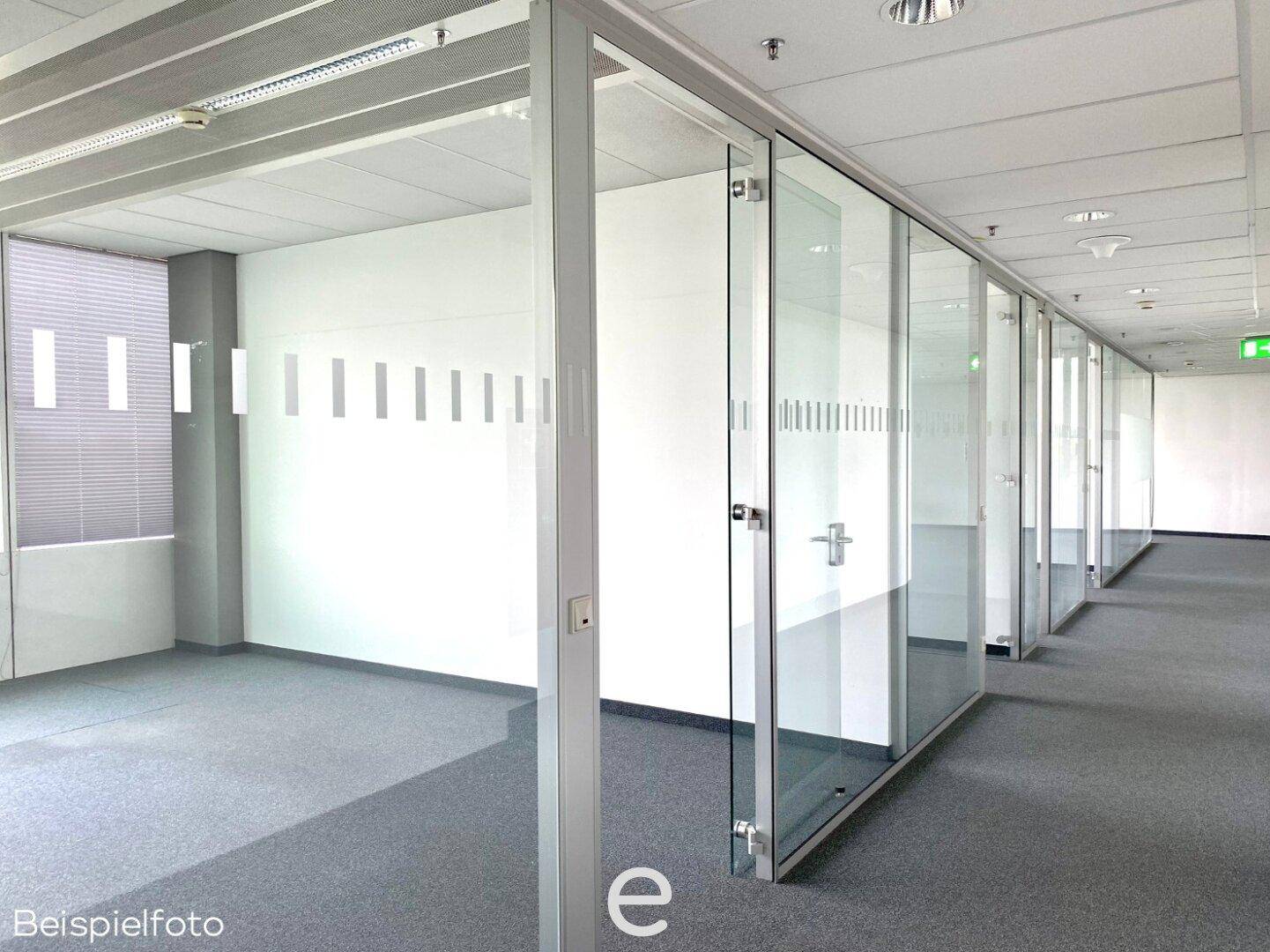 Langer Flur mit Glasbüros und Teppichboden, der durch die Fenster viel natürliches Licht erhält.