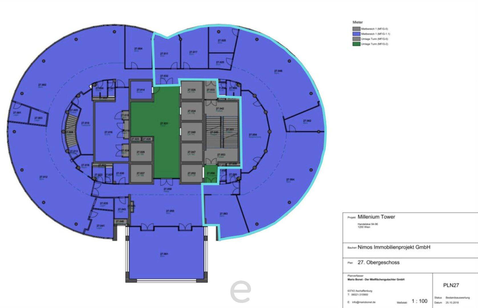 Grundriss des 27. Obergeschosses des Millennium Towers mit verschiedenen Büroeinheiten und Gemeinschaftsflächen.