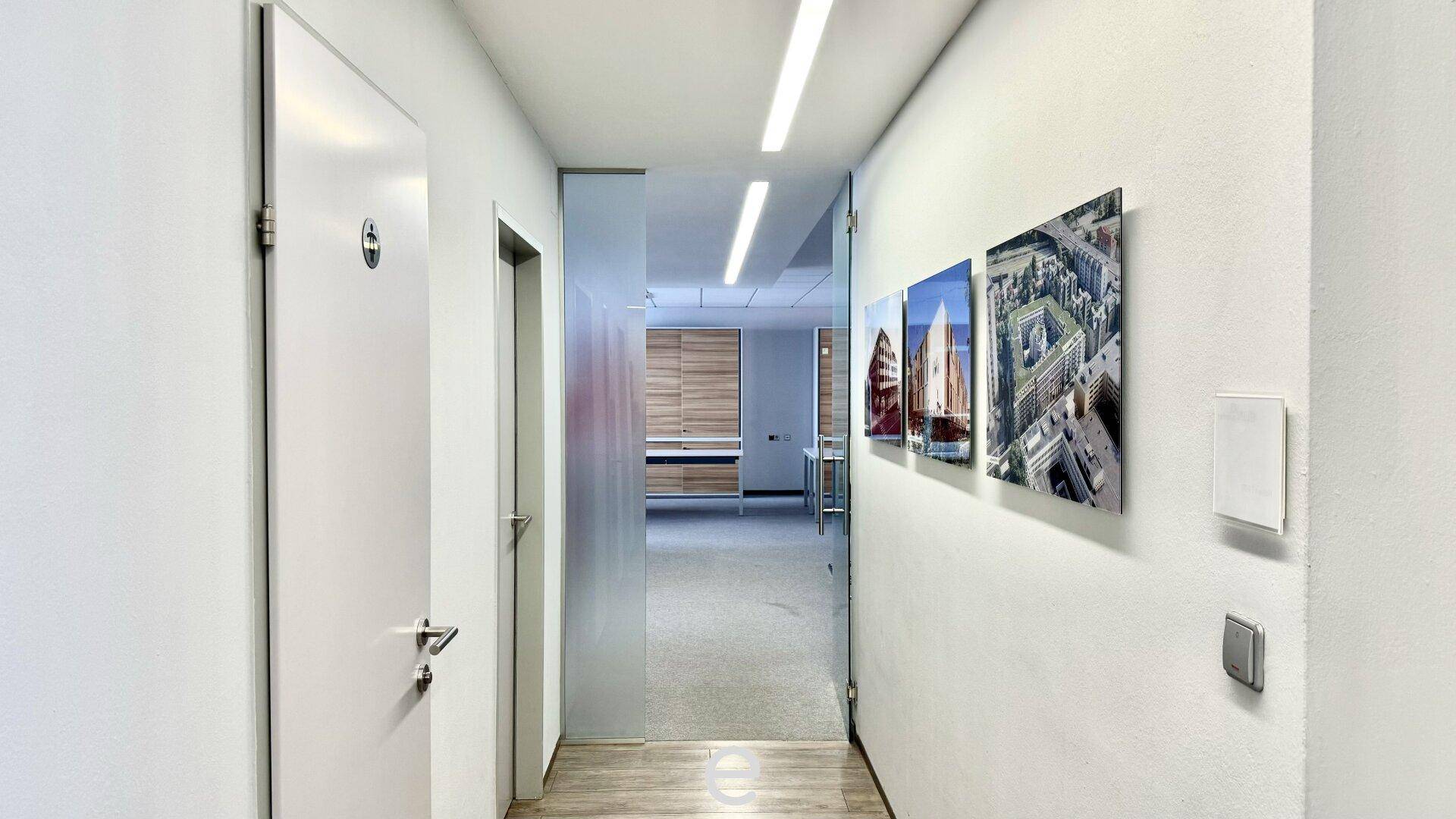 Heller Flur mit weißen Wänden, moderner Beleuchtung und dekorativen Bildern an der Wand.