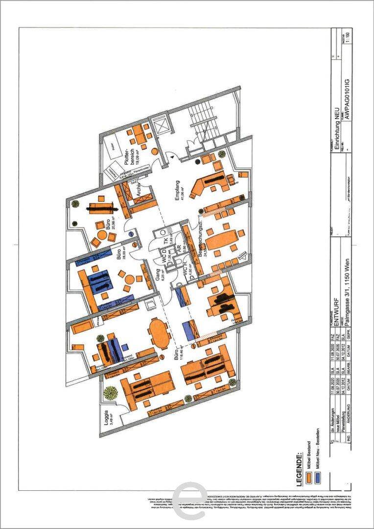 Farbiger Grundrissplan mit Möblierung, der die Raumaufteilung und Nutzung der Büros visualisiert.