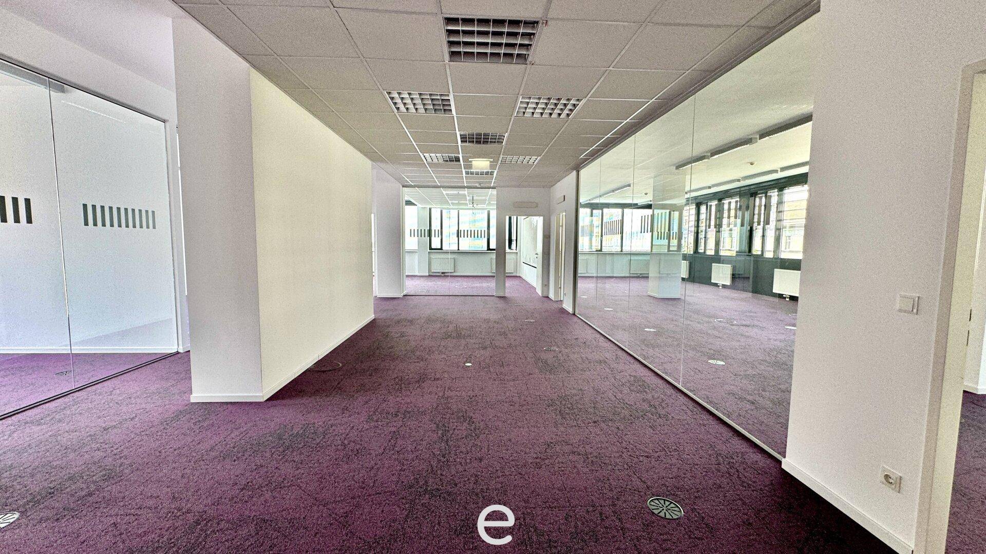 Geräumiges, leeres Büro mit lila Teppichboden und Glaswänden, bereit zur individuellen Gestaltung.