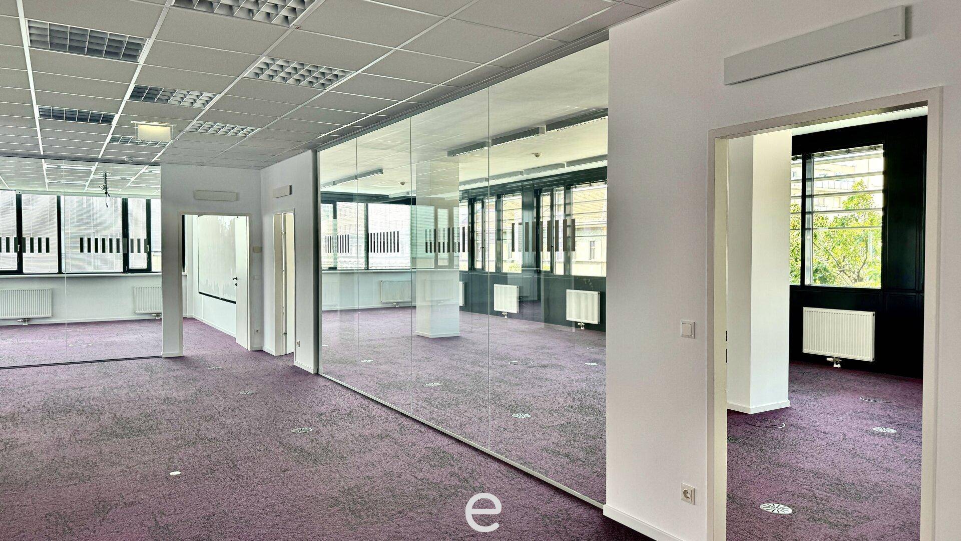 Leeres Büro mit lila Teppichboden, Glaswänden und Blick auf die Umgebung durch große Fenster.
