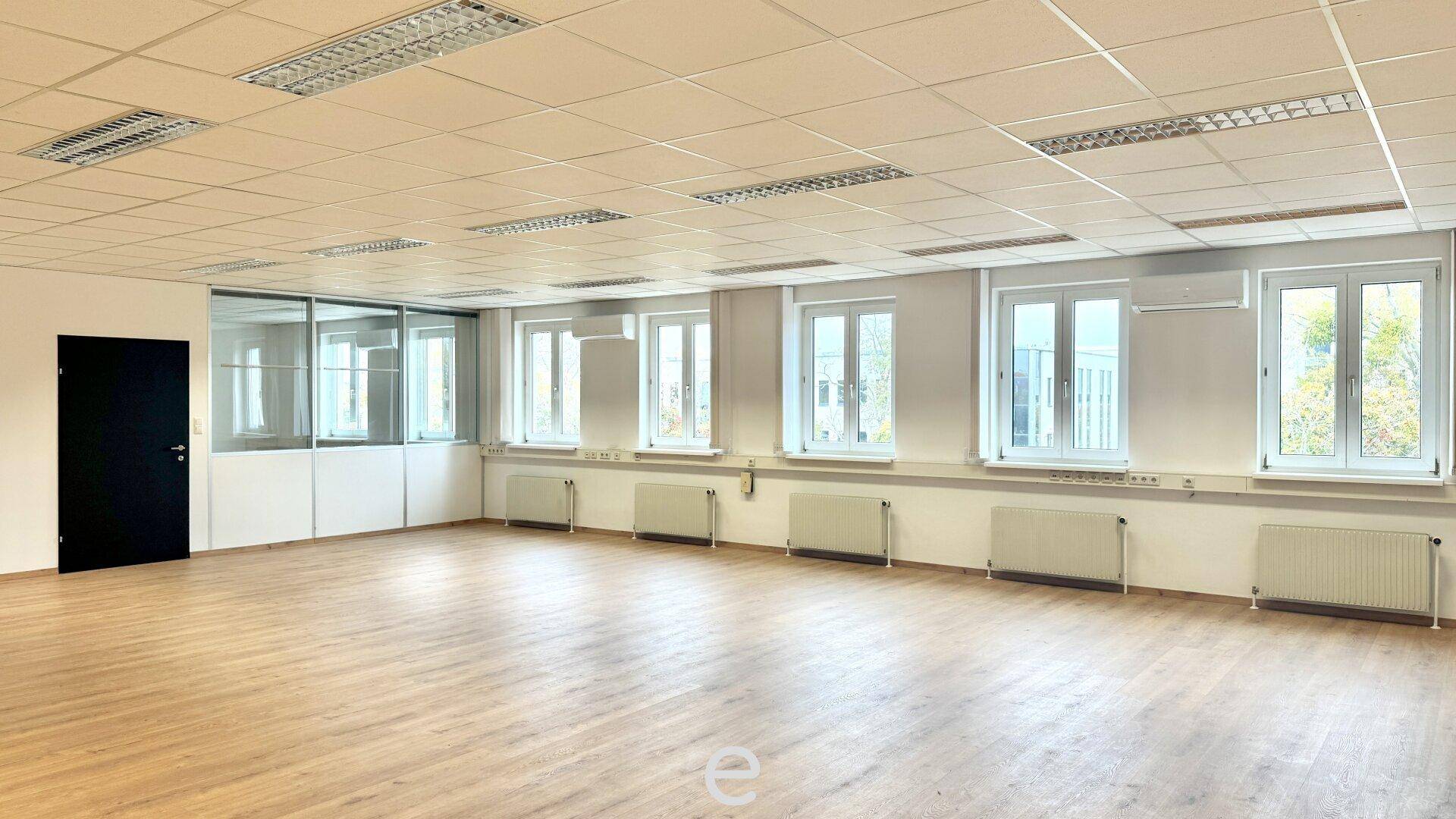 Heller Büroraum mit Holzfußboden, weißen Wänden und einer Reihe von Fenstern.