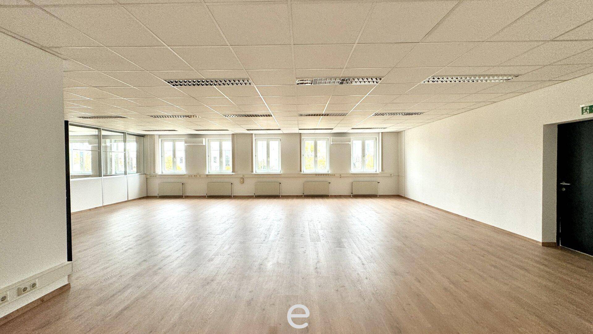 Geräumiger Büroraum mit vielen Fenstern, Holzfußboden und abgehängter Decke.