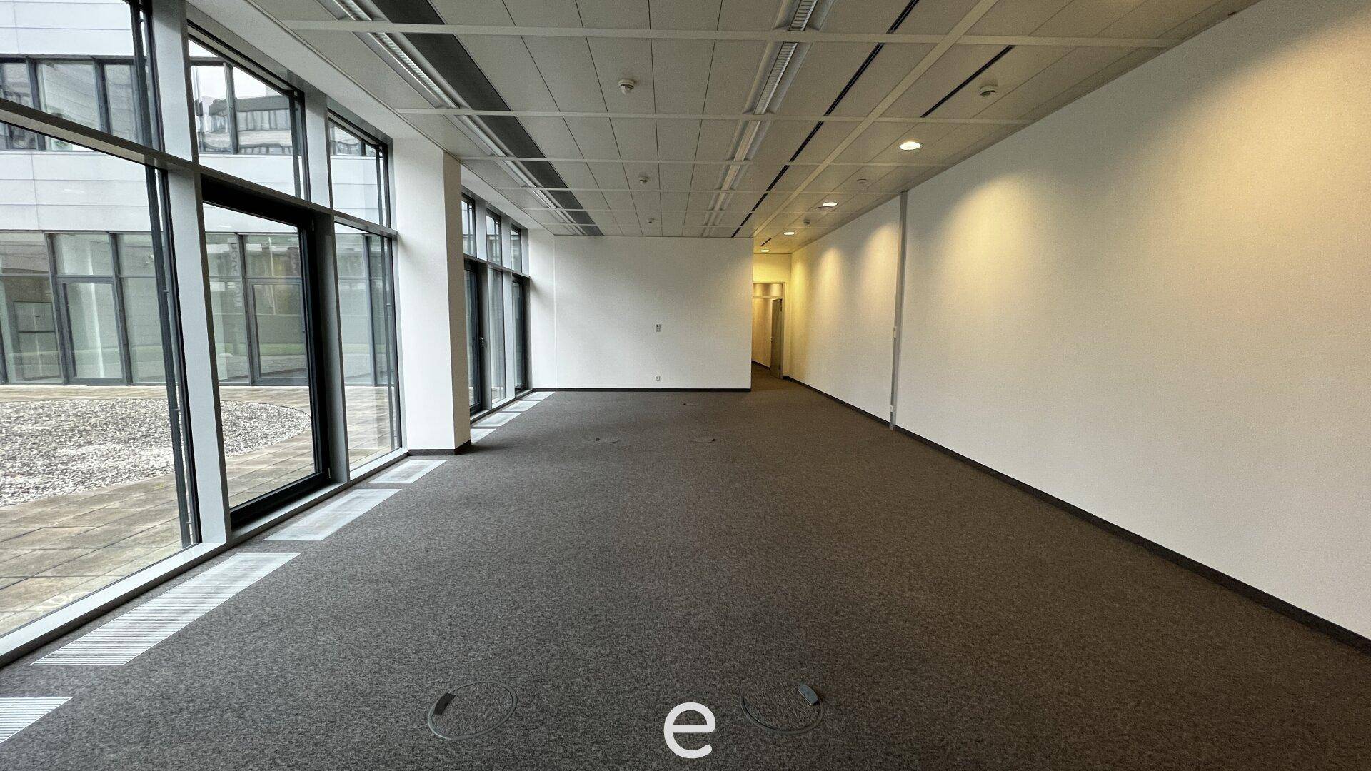 Geräumiger, leerer Büroraum mit Teppichboden und großen Fenstern, die viel Tageslicht hereinlassen.